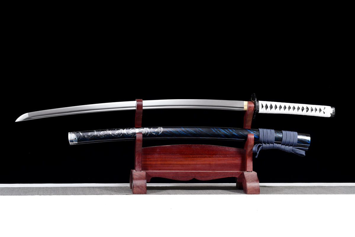 Lightning-Tsuba Anime Katana & Wakizashi — White Ito, Blue Sageo · Unsharpened — studio photograph 3