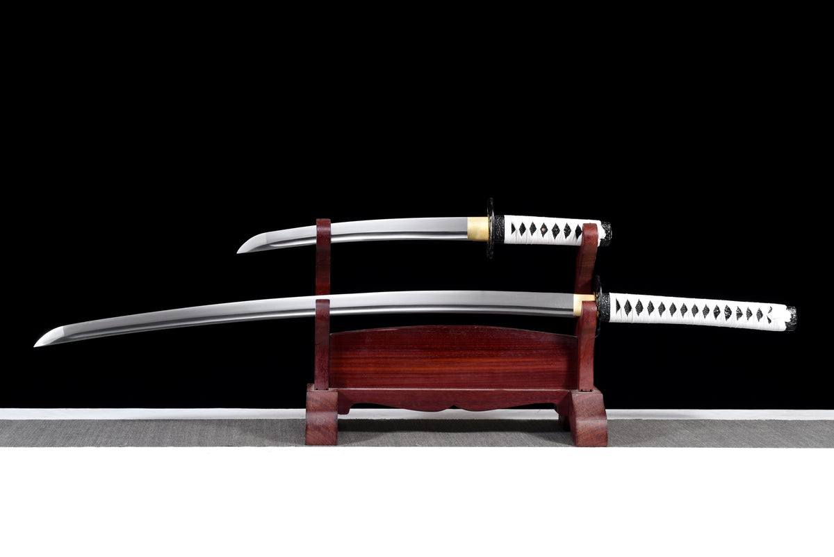 Lightning-Tsuba Anime Katana & Wakizashi — White Ito, Blue Sageo · Unsharpened — studio photograph 4