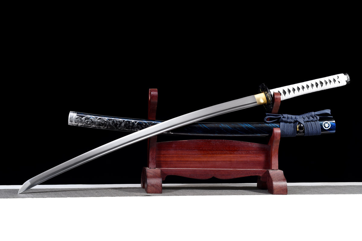 Lightning-Tsuba Anime Katana & Wakizashi — White Ito, Blue Sageo · Unsharpened — studio photograph 5