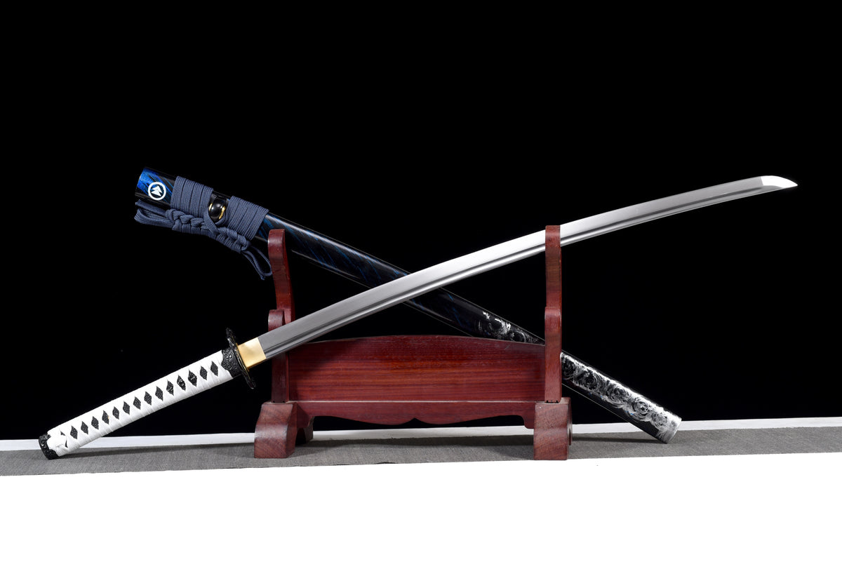 Lightning-Tsuba Anime Katana & Wakizashi — White Ito, Blue Sageo · Unsharpened — studio photograph 6