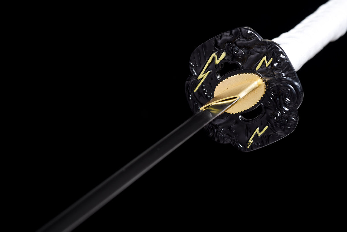 Lightning-Tsuba Anime Katana & Wakizashi — White Ito, Blue Sageo · Unsharpened — studio photograph 11
