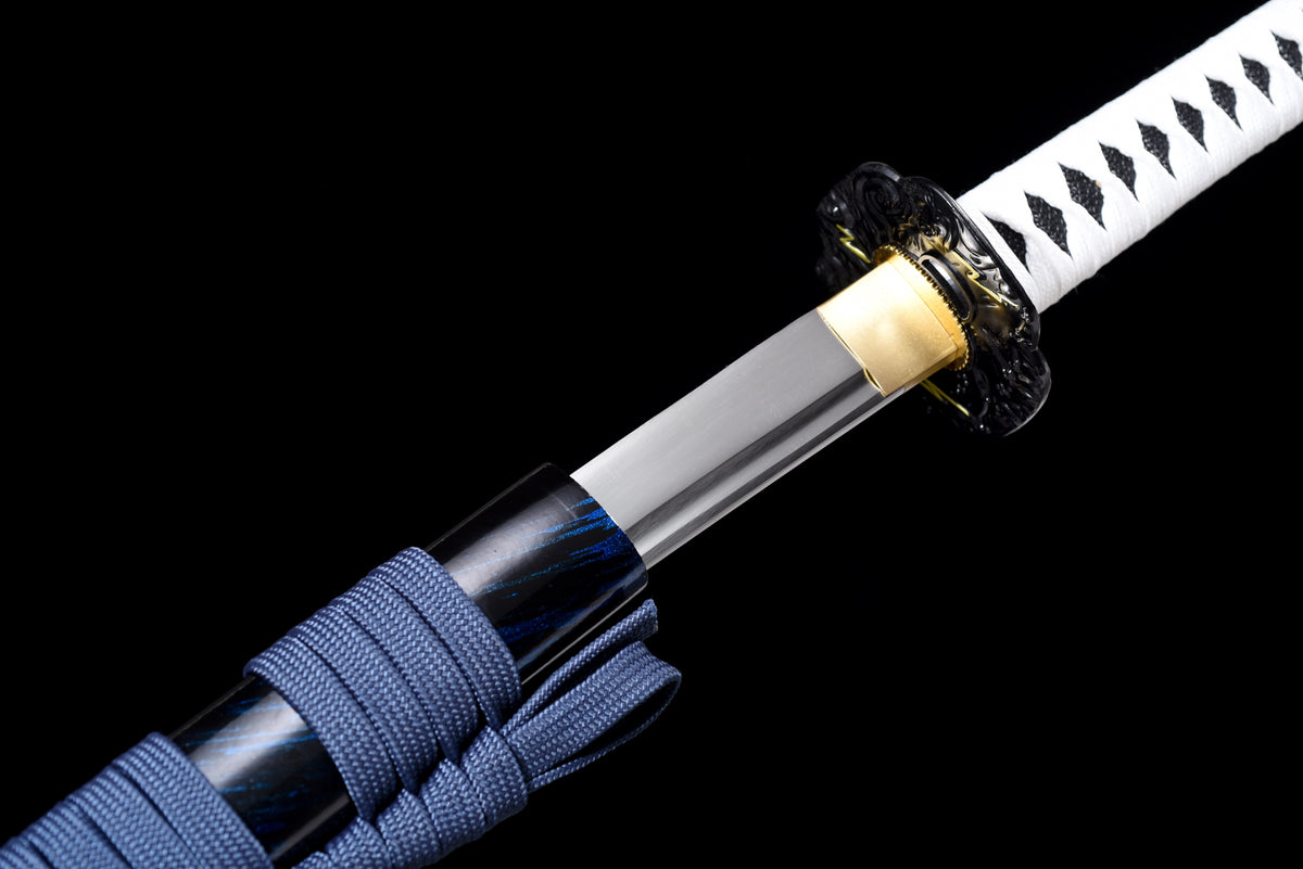 Lightning-Tsuba Anime Katana & Wakizashi — White Ito, Blue Sageo · Unsharpened — studio photograph 12