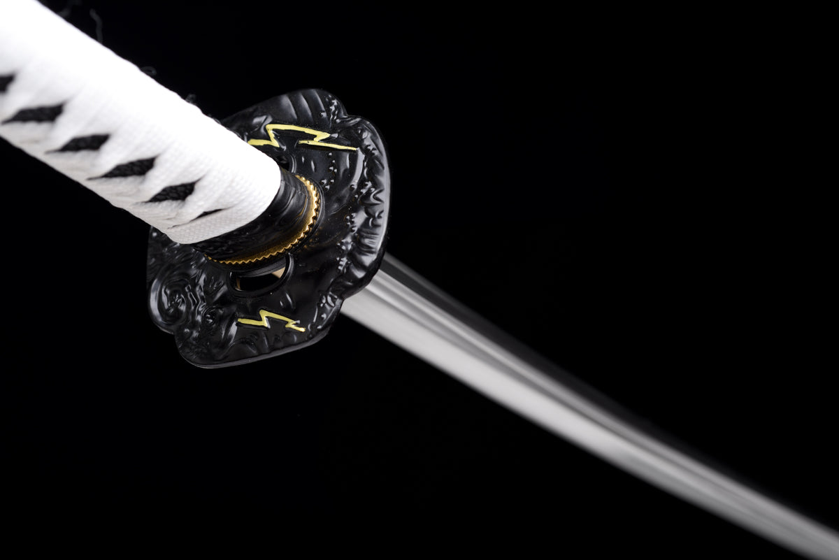 Lightning-Tsuba Anime Katana & Wakizashi — White Ito, Blue Sageo · Unsharpened — studio photograph 13