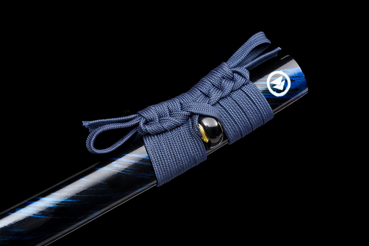 Lightning-Tsuba Anime Katana & Wakizashi — White Ito, Blue Sageo · Unsharpened — studio photograph 15
