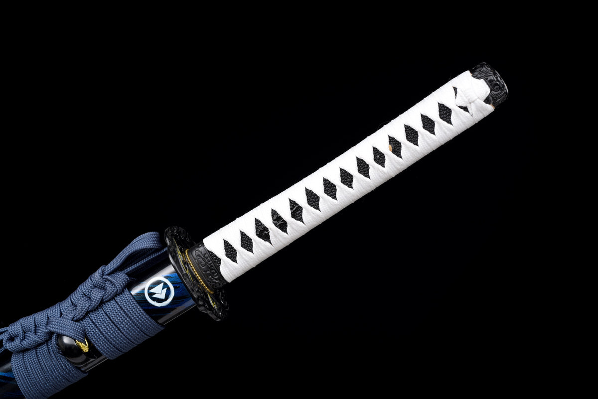 Lightning-Tsuba Anime Katana & Wakizashi — White Ito, Blue Sageo · Unsharpened — studio photograph 17