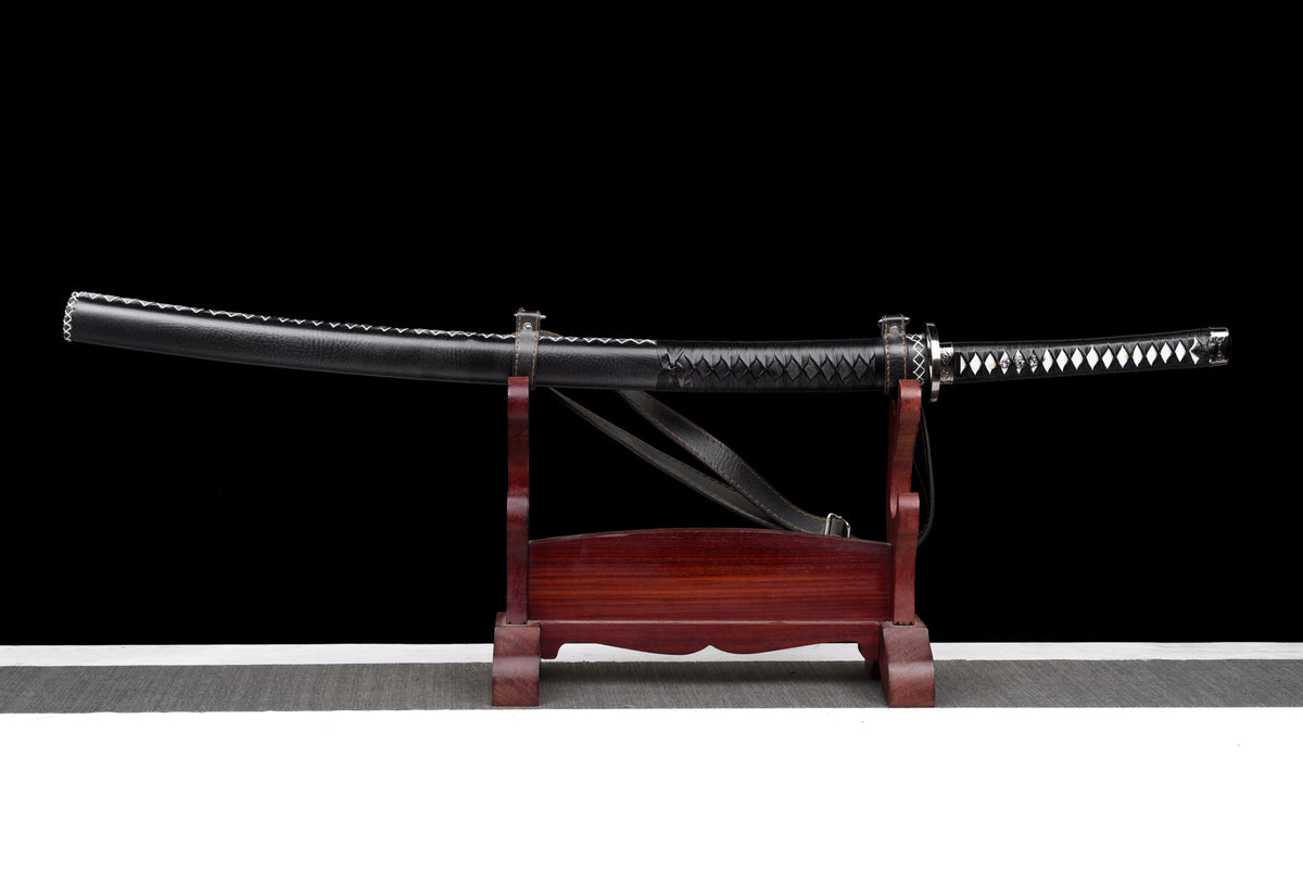 Blackened Anime Katana — Leather Saya with Carry Strap · Unsharpened — studio photograph 1