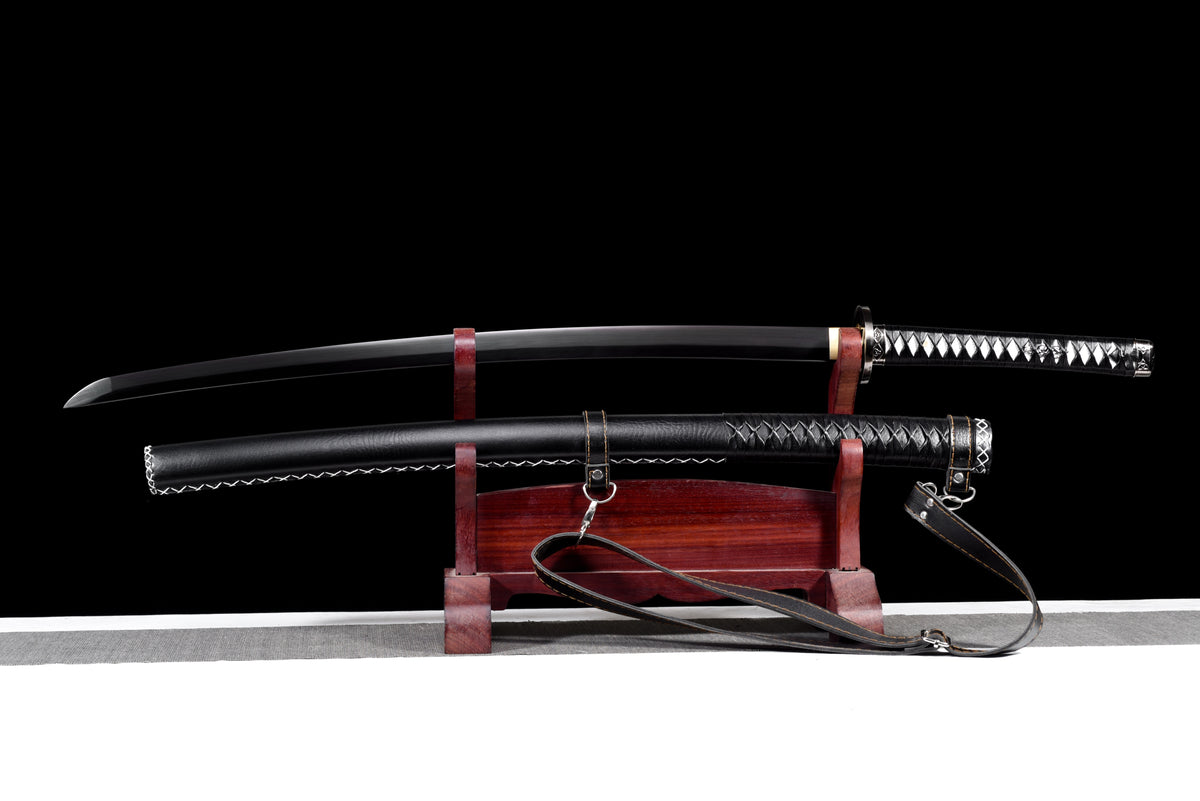 Blackened Anime Katana — Leather Saya with Carry Strap · Unsharpened — studio photograph 2