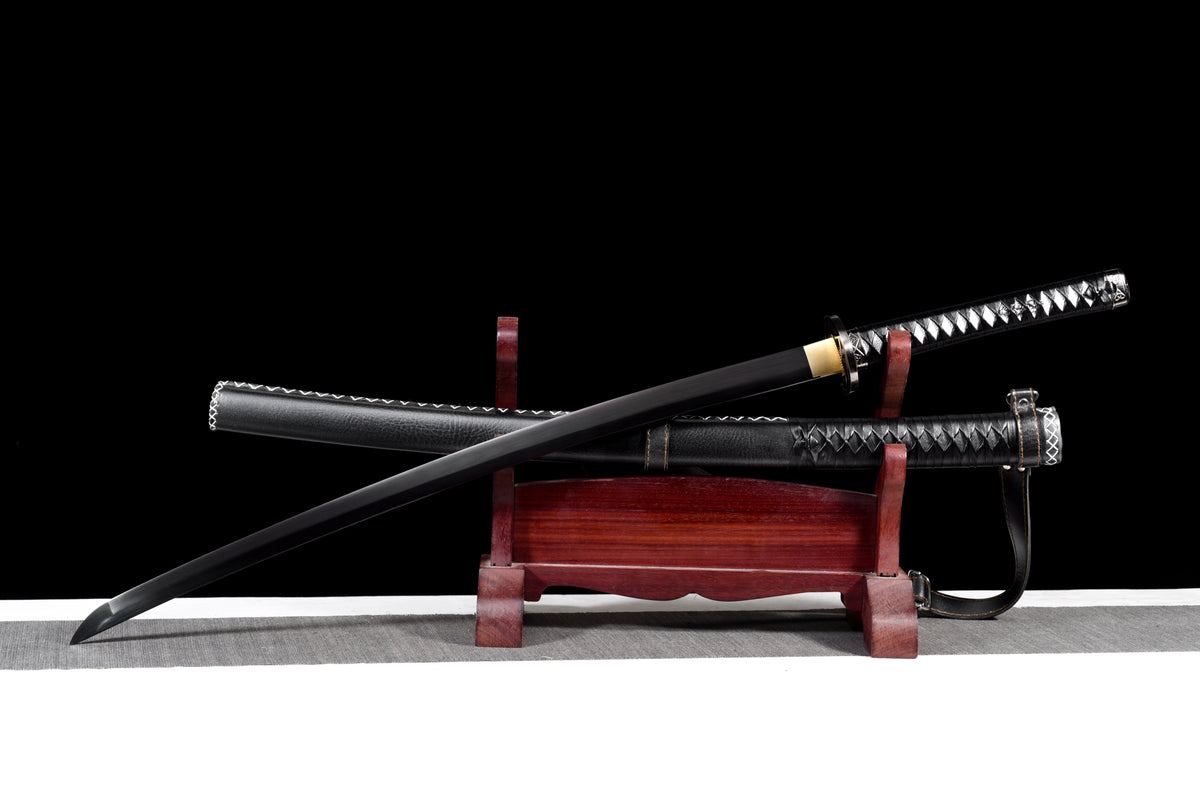Blackened Anime Katana — Leather Saya with Carry Strap · Unsharpened — studio photograph 3