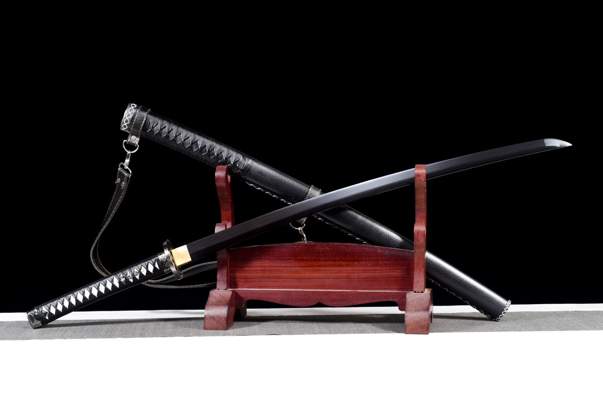 Blackened Anime Katana — Leather Saya with Carry Strap · Unsharpened — studio photograph 4