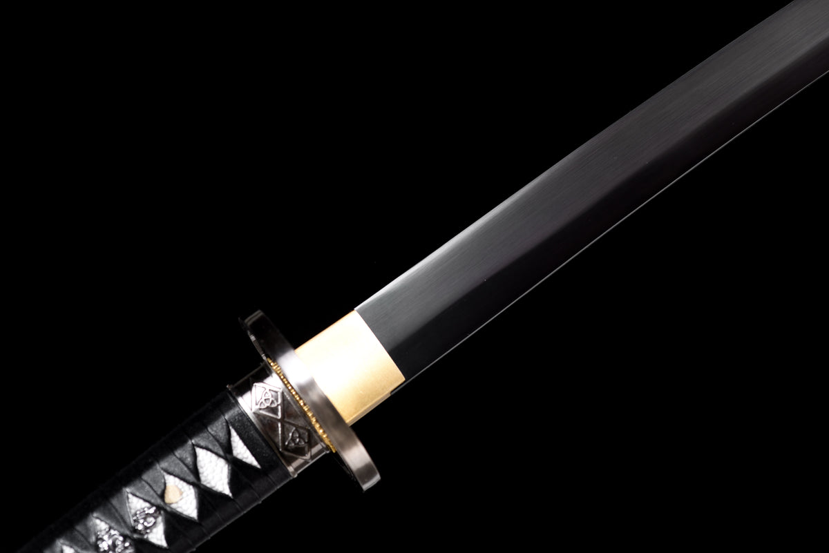 Blackened Anime Katana — Leather Saya with Carry Strap · Unsharpened — studio photograph 7
