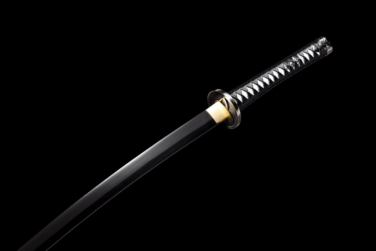 Blackened Anime Katana — Leather Saya with Carry Strap · Unsharpened — studio photograph 8