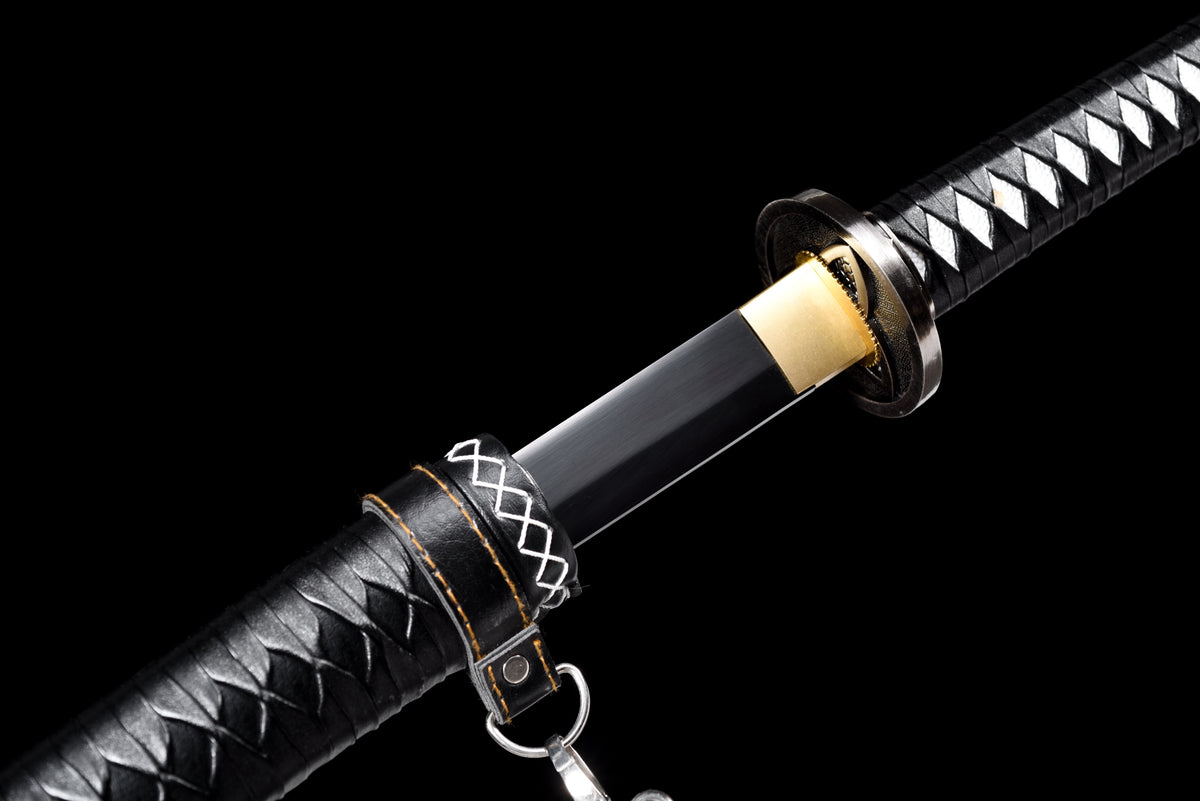 Blackened Anime Katana — Leather Saya with Carry Strap · Unsharpened — studio photograph 10