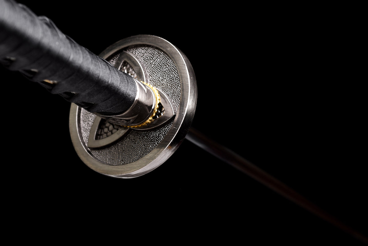 Blackened Anime Katana — Leather Saya with Carry Strap · Unsharpened — studio photograph 11