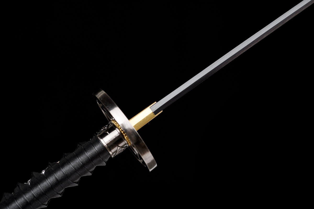 Blackened Anime Katana — Leather Saya with Carry Strap · Unsharpened — studio photograph 12