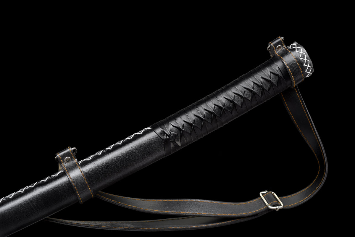 Blackened Anime Katana — Leather Saya with Carry Strap · Unsharpened — studio photograph 13