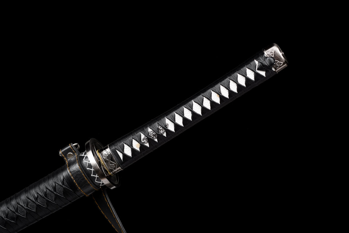 Blackened Anime Katana — Leather Saya with Carry Strap · Unsharpened — studio photograph 15