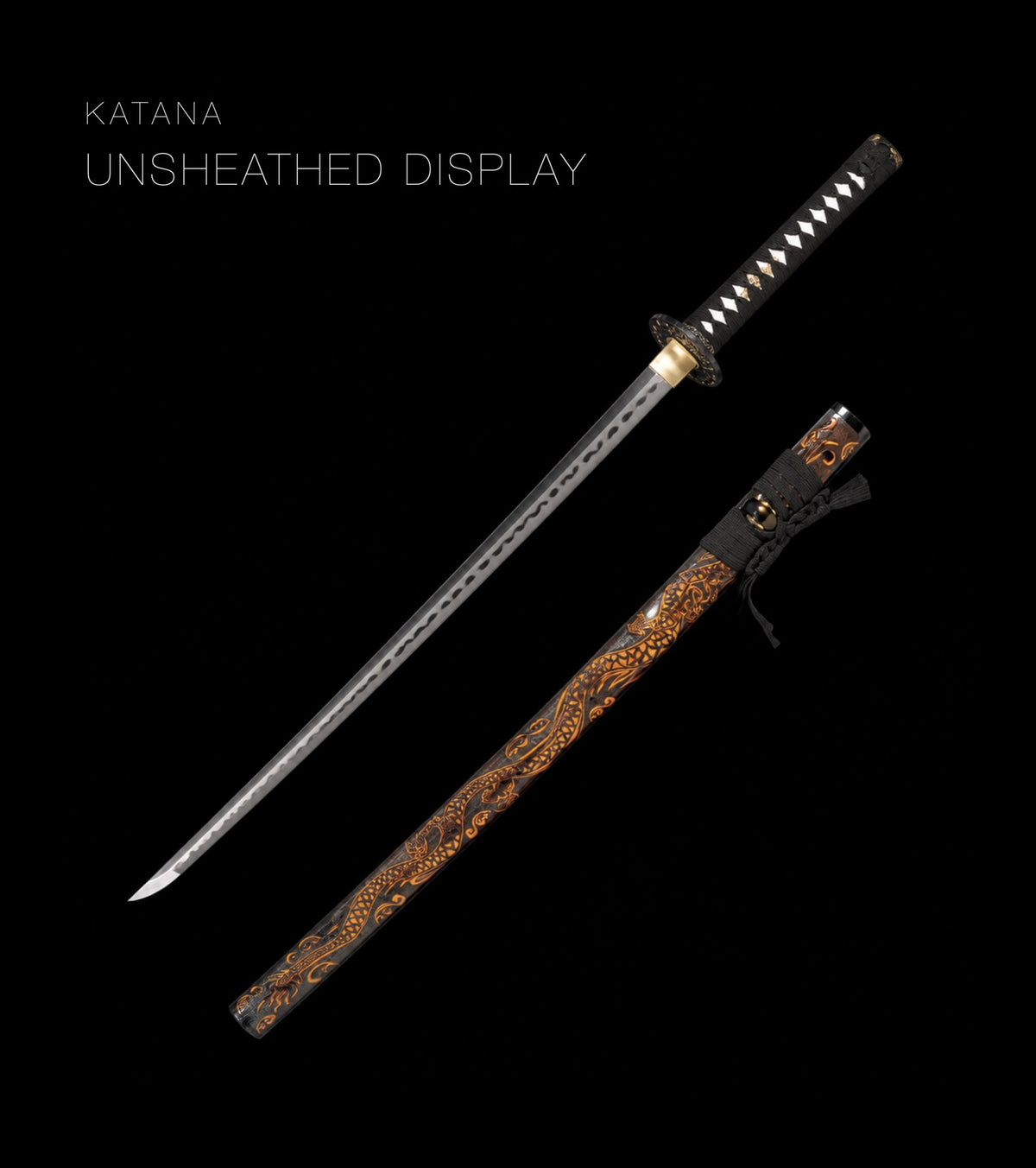 Unsheathed katana, blade and saya — Black & Amber katana