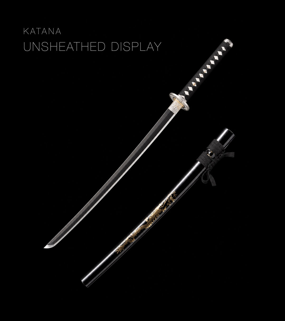 Unsheathed katana, blade and saya — Black & Gold katana