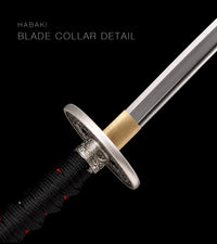 Unsharpened Collector Katana — Black Ito, Red Wood-Grain Saya — gallery image 7