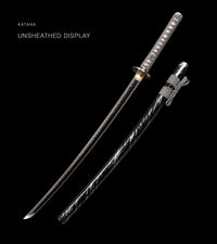 Unsharpened Blackened Collector Katana — Grey Ito, Black-White Spiral Saya — gallery image 1