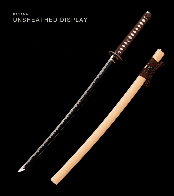 Blackened Katana — Brown Ito, Cream Lacquered Saya · Unsharpened