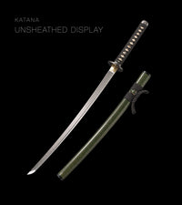 Unsharpened Patterned-Steel Collector Katana — Olive-Green Gold-Fleck Saya — gallery image 1