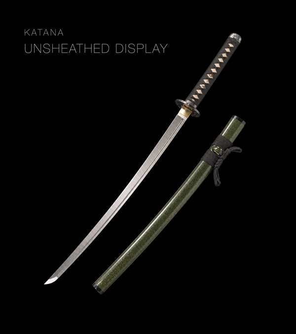 Unsheathed katana, blade and saya — Black & Olive katana