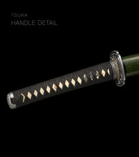Unsharpened Patterned-Steel Collector Katana — Olive-Green Gold-Fleck Saya — gallery image 5