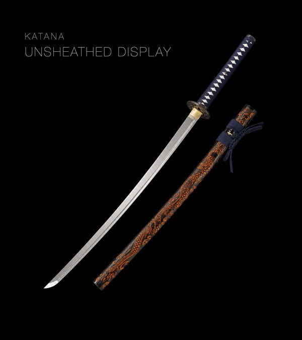Unsheathed katana, blade and saya — Navy & Amber katana