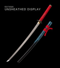 Unsharpened Patterned-Steel Collector Katana — Red Ito, Blue Mottled Saya — gallery image 1