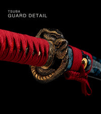 Unsharpened Patterned-Steel Collector Katana — Red Ito, Blue Mottled Saya — gallery image 4