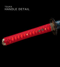 Unsharpened Patterned-Steel Collector Katana — Red Ito, Blue Mottled Saya — gallery image 5