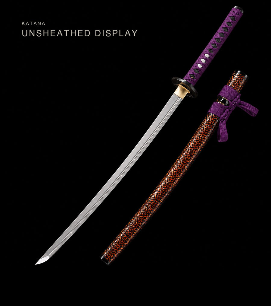 Unsheathed katana, blade and saya — Purple & Amber katana
