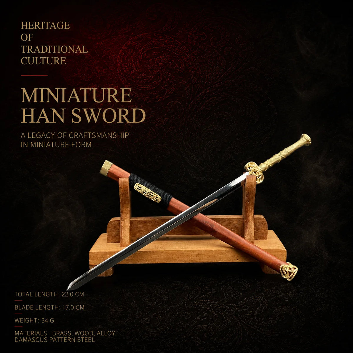 Miniature Han Sword damascus pattern steel blood sandalwood decorative collectible - MythArc WebP collectible image 1