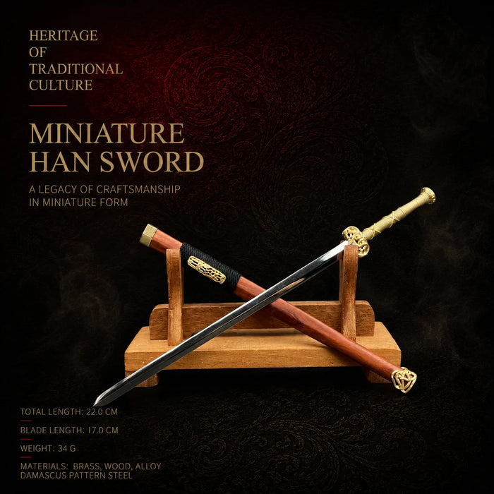 Miniature Han Sword damascus pattern steel blood sandalwood decorative collectible - MythArc WebP collectible image 1
