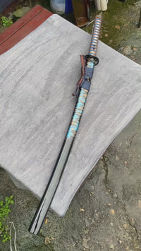 Unsharpened Hira-Zukuri Collector Katana — Black Saya, Blue-Brown Ito, Iron Mounts — workshop video thumbnail
