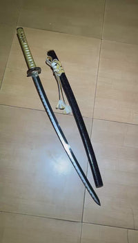 Unsharpened Clay-Tempered Collector Katana — Black Speckled Saya, Cream Ito, Bo-Hi — workshop video thumbnail
