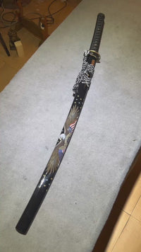 Unsharpened Eagle-Motif Katana — Mirror-Polished 5160, Black Lacquered Saya — workshop video thumbnail