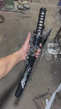 Unsharpened Shell-Inlay Wakizashi — Mirror-Polished 1065, Copper Fittings — workshop video thumbnail