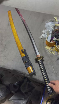 Unsharpened Gilded Sanmai Katana — Clay-Tempered 1050, Stingray Saya — workshop video thumbnail
