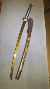 Unsharpened Hand-Painted Saya Katana — Sanmai Folded Steel, Gold Chrysanthemum — workshop video thumbnail