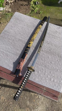 Unsharpened Gold-Dragon Relief Collector Katana — 5160 Steel, Copper Fittings — workshop video thumbnail