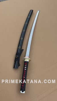 Unsharpened Dragon Plum Katana — Black Kamon Saya, Red-Accent Ito — workshop video thumbnail