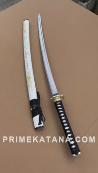 Unsharpened Chonglou Katana — Gold-Painted White Saya, Floral Mokko Tsuba — workshop video thumbnail