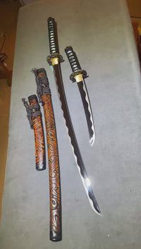 Unsharpened Daisho Set — Mirror-Polished 5160, Carved Red-and-Black Saya — workshop video thumbnail