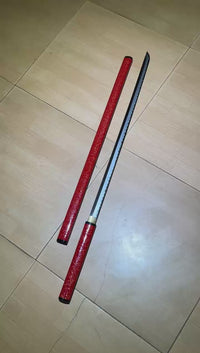 Unsharpened Collector Ninjato — Red Gold-Fleck Saya, Straight Profile — workshop video thumbnail