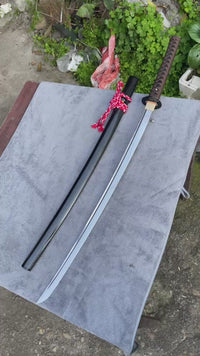 Unsharpened Dragonfly Collector Katana — Black Textured Saya, Brown Ito, Iron Tsuba — workshop video thumbnail