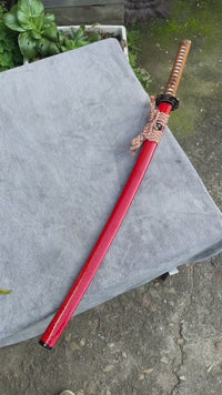 Unsharpened T10 Collector Katana — Red Saya, Tan Ito, Copper Fittings — workshop video thumbnail