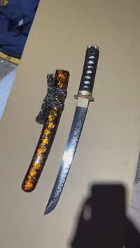 Unsharpened Fire-Kanji Collector Wakizashi — Clay-Tempered T10, Copper Fittings — workshop video thumbnail