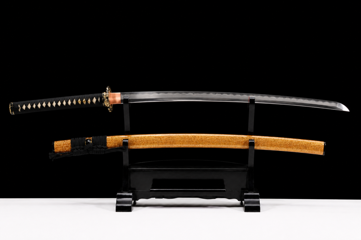 Gilded Sanmai Katana — Clay-Tempered 1050, Stingray Saya — drawn from the saya, full length